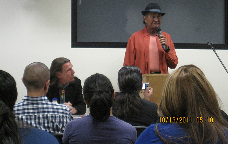 Oglala Lakota activist and acclaimed actor Russell Means during a visit to Santa Clara University with Dr. Glenn Morris, organized by the Ethnic Studies Program on October 12, 2011. This was one of Russell Means last pubic lectures before his passing in 2012. 