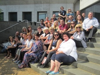 Bailey Fairbanks (second from right, next to last row) with other seminar participants on the steps of the Museum of Jewish Heritage in New York.