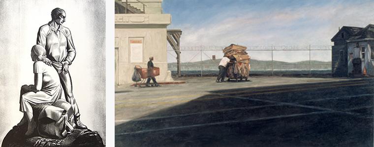 Left: Lithograph of a couple. The woman sits on a large boulder. The man stands behind her. Right:Painting of a homeless person pushing a shopping cart full of their belongings.