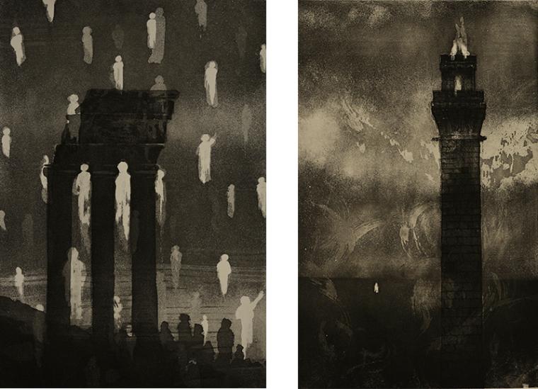 Two black and white prints. On left the print shows a architectural feature with columns and roof, there are white abstracted figures placed as if floating vertically through the space. On right, print depicts a tall tower in an abstracted landscape. image link to story