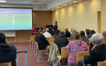 Hackworth Fellow Laura Clark with Dr. Brian Green, director, technology ethics at an event for SCU students, faculty, and staff on Jan. 31, 2024.