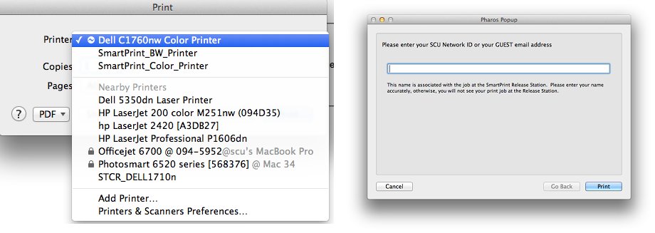Two dialog boxes.  The left dialog box is the Mac OS printing dialog box where you will need to select the SmartPrint B&W Printer or the SmartPrint Color Printer.  The right dialog box is the SmartPrint pop-up dialog where you enter your SCU Username.