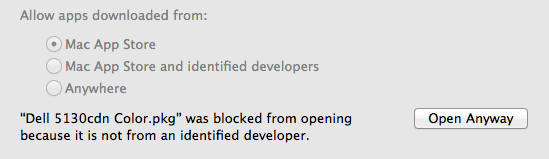The security warning dialog box when installing the SmartPrint Pop-up client on Mac OS.  Click on 'Open anyway'.