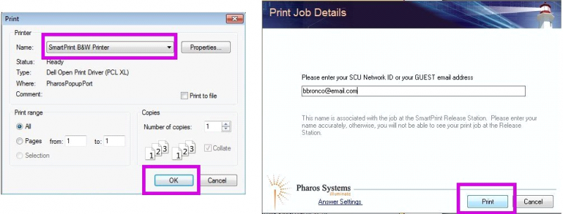 Two images.  On the left is the normal operating system dialog box where you select either the SmartPrint B&W Printer or the SmartPrint Color Printer.  The right image is the SmartPrint pop-up dialog box where you enter your guest email address used when you registered.