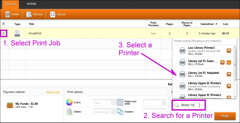 When selecting a printer destination, a pop-up list will appear with a list of printer destinations where you can send your print job.  Select one of the destinations.