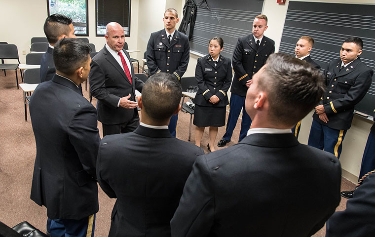 Retired U.S. Army General H.R. McMaster speaks with the 2019 commissioning class of Military Science cadets at Santa Clara University. Photo by Charles Barry.