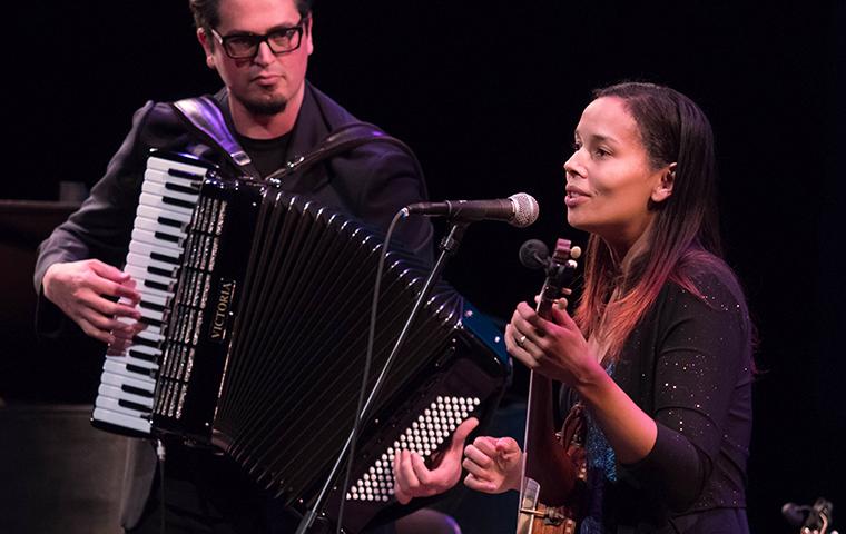 Photograph of Rhiannon Giddens performing onstage with Francesco Turrisi at SCU's Mayer Theatre.