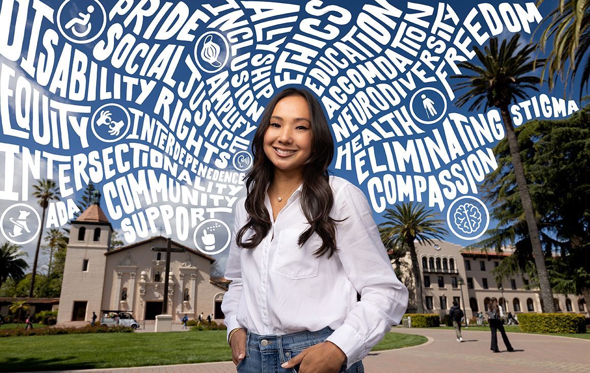 A young Asian woman with long, wavy dark hair, a white shirt, and jeans stands in the foreground, smiling. In the background, a campus scene includes the Mission Church, a classroom building, students, and palm trees. Above this background and around the woman's head the wide blue sky is filled with disability icons and a word cloud related to disability.