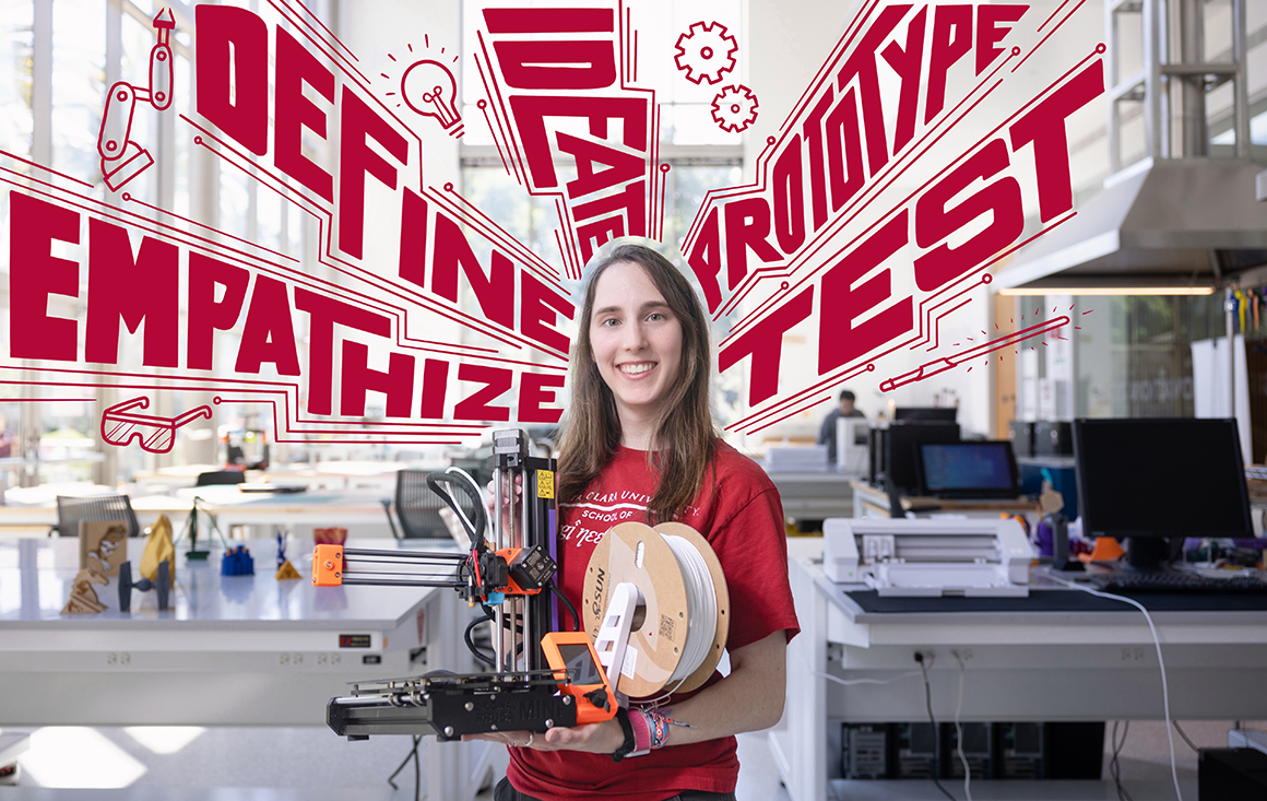 A young woman stands in a engineering lab holding a 3D printer in her hands with design process words illustrated around her.