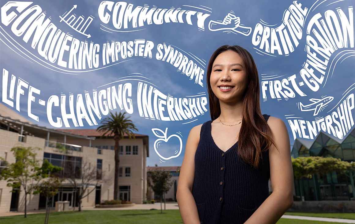 A young East Asian woman stands in front of Lucas Hall with personal phrases and words illustrated in the sky above her.