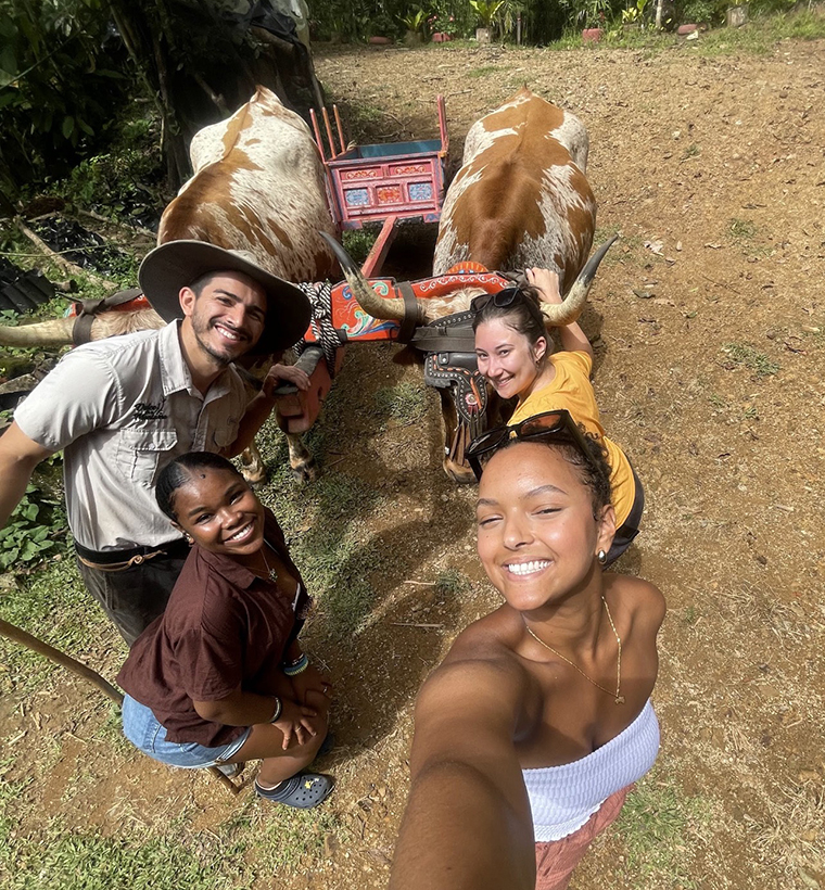 Four people stand with two bulls and take a selfie in the woods