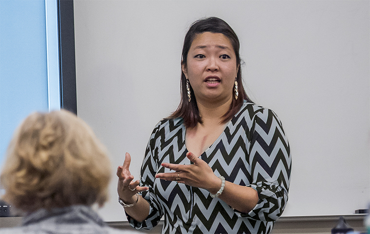 Assistant Professor Sherry Wang teaches in a classroom