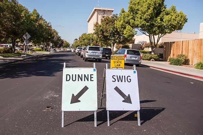 Photo of signs to Dunne and Swig halls at SCU.  