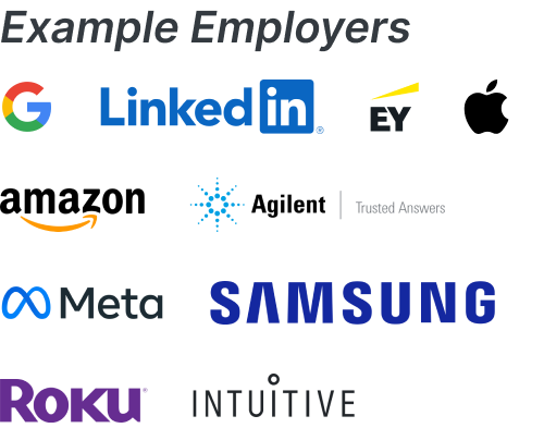 Example Employers: Google, LinkedIn, EY, Apple, Amazon, Agilent, Meta, Samsung, Roku, Intuitive