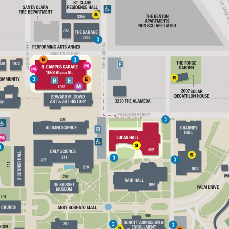 SCU campus map highlighting Lucas Hall and nearby parking