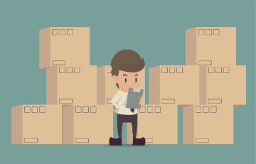 Illustration of a man taking inventory of boxes
