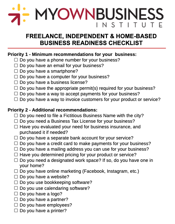 Freelance, independent, and home-based business checklist screenshot