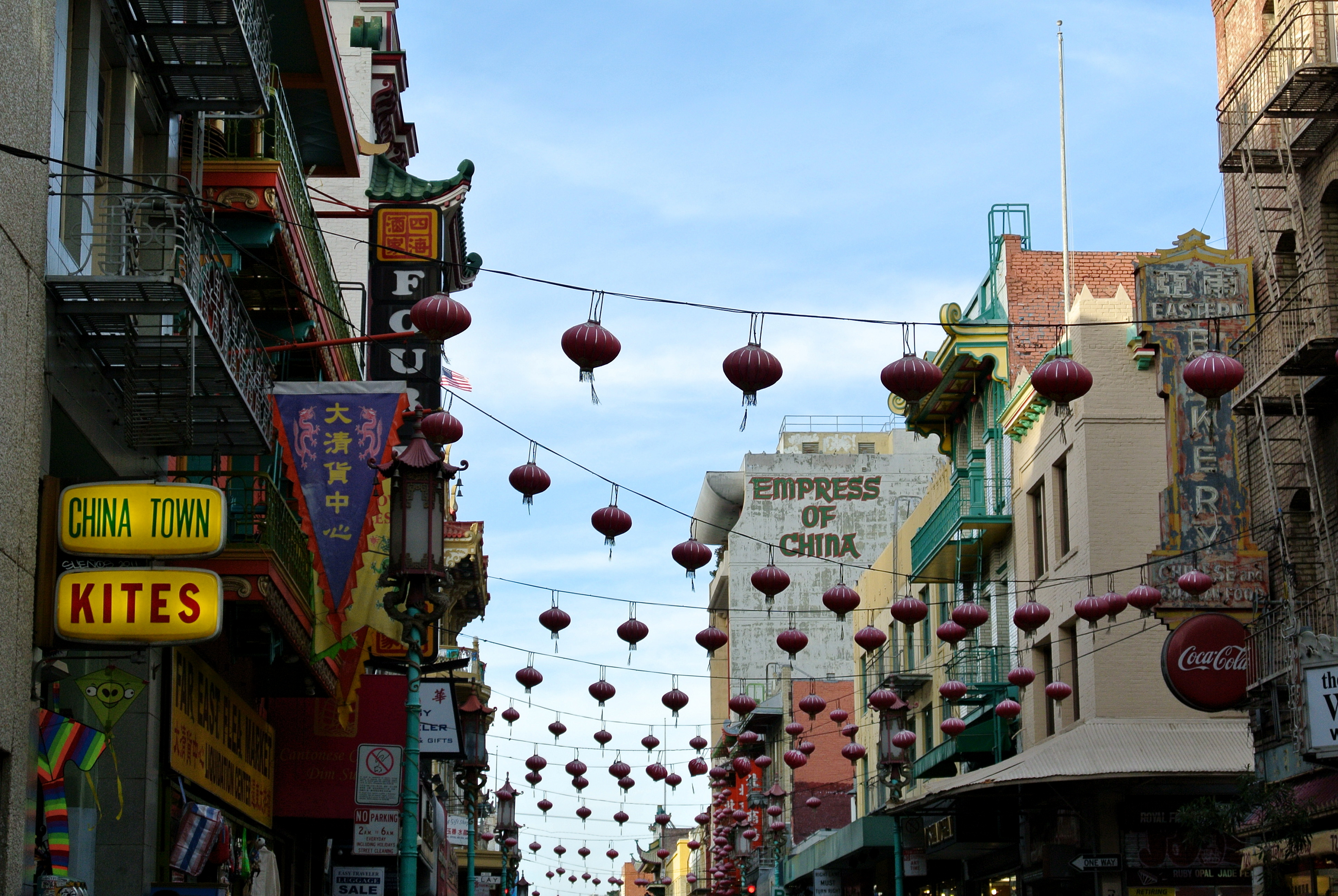 Decorative image of lanterns hanging across the street in San Francisco Chinatown 