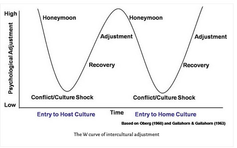 Graph going up and down to represent the psychological adjustments of culture shock both when entering a host country and returning home
