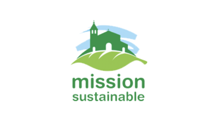 A green silhouette of Santa Clara's mission church on a light green leaf with the words 