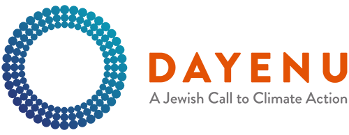 The words, DAYENU, A Jewish Call to Climate Action, written next to a blue gradient ring of dots