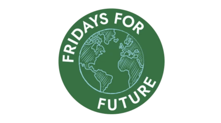 A green circle with a white sketch of the earth in the middle and the words, FRIDAYS FOR FUTURE, written around it