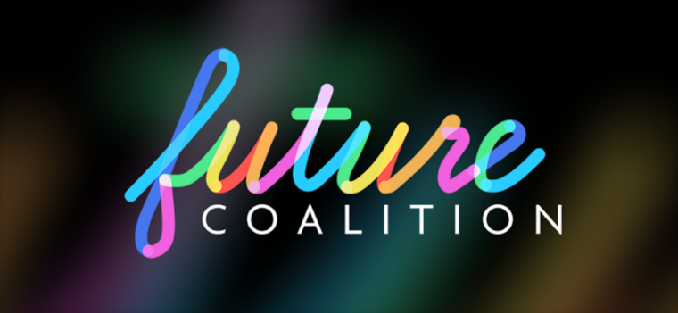 The word, future, written in neon rainbow cursive and COALITION written below on a black background