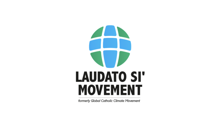Blue rectangles forming a plus sign within a green circle and the words LAUDATO SI' MOVEMENT written underneath