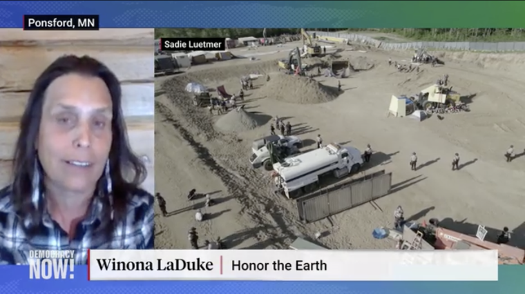 Native American activist Winona LaDuke speaking on a newscast next to a photo of Line 3 Pipeline workers and protestors