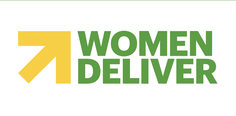 The words, WOMEN DELIVER, written in light green next to a yellow upward-pointing arrow