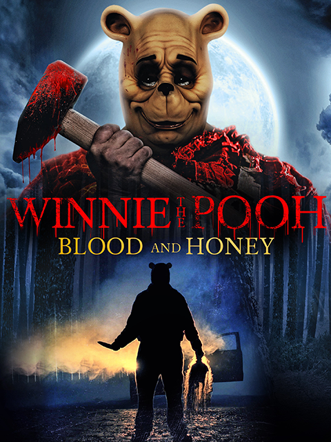 A movie poster for a Winnie-the-Pooh horror film with Pooh Bear holding a bloody axe.