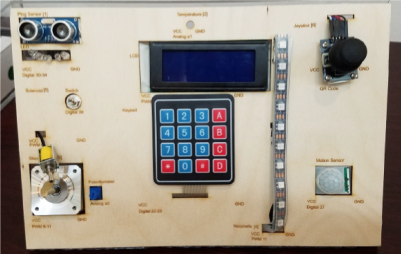 Control Panel of a box. Top left is two circular nobs, with a clear row of lights below it. In the top right is another circular nob that is black. In the middle of the board is a small rectangular LCD screen where right below it is a keypad
