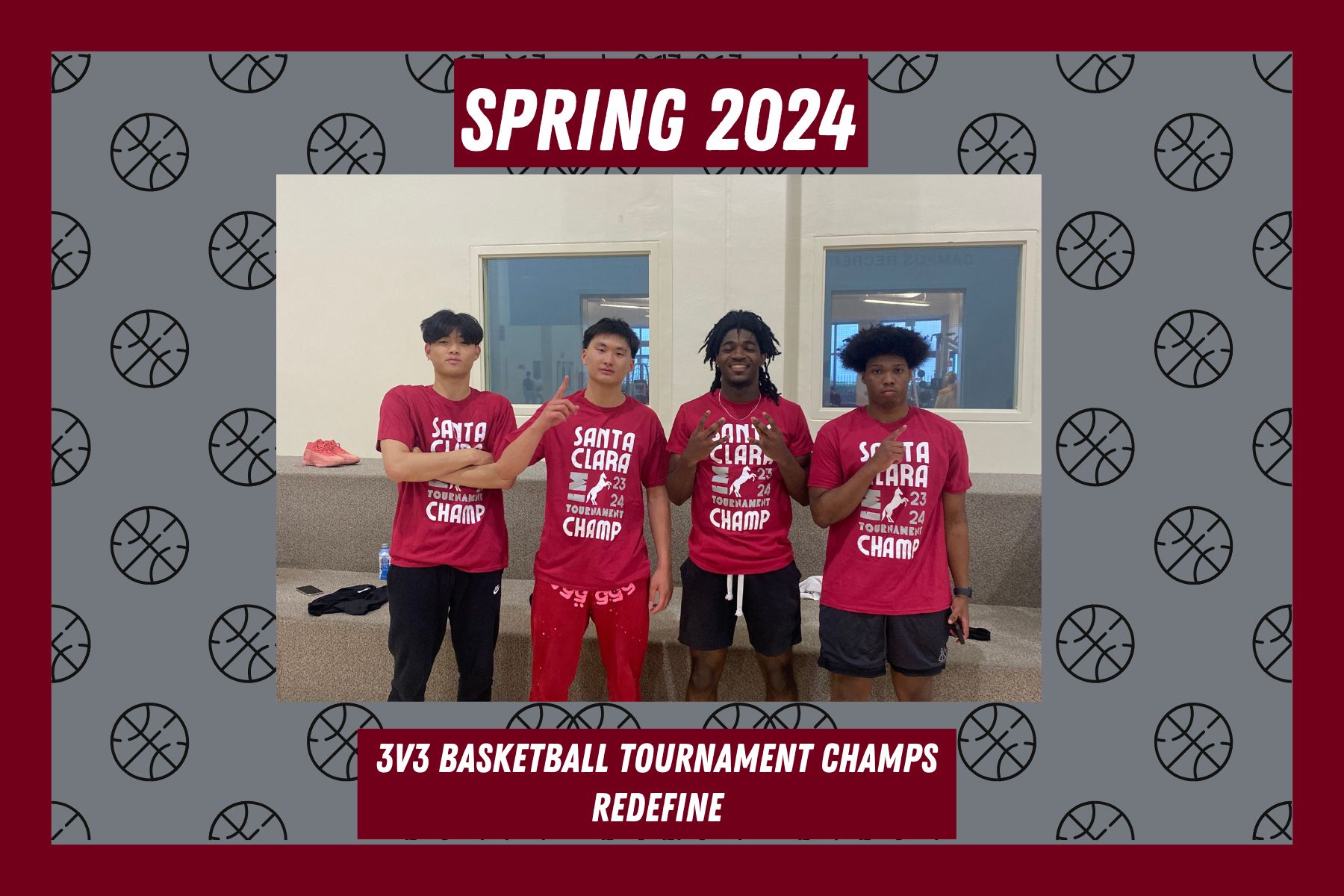 Photo of 3v3 Basketball Tournament champs, Redefine, posing in the Malley Center with their tournament champion shirts.