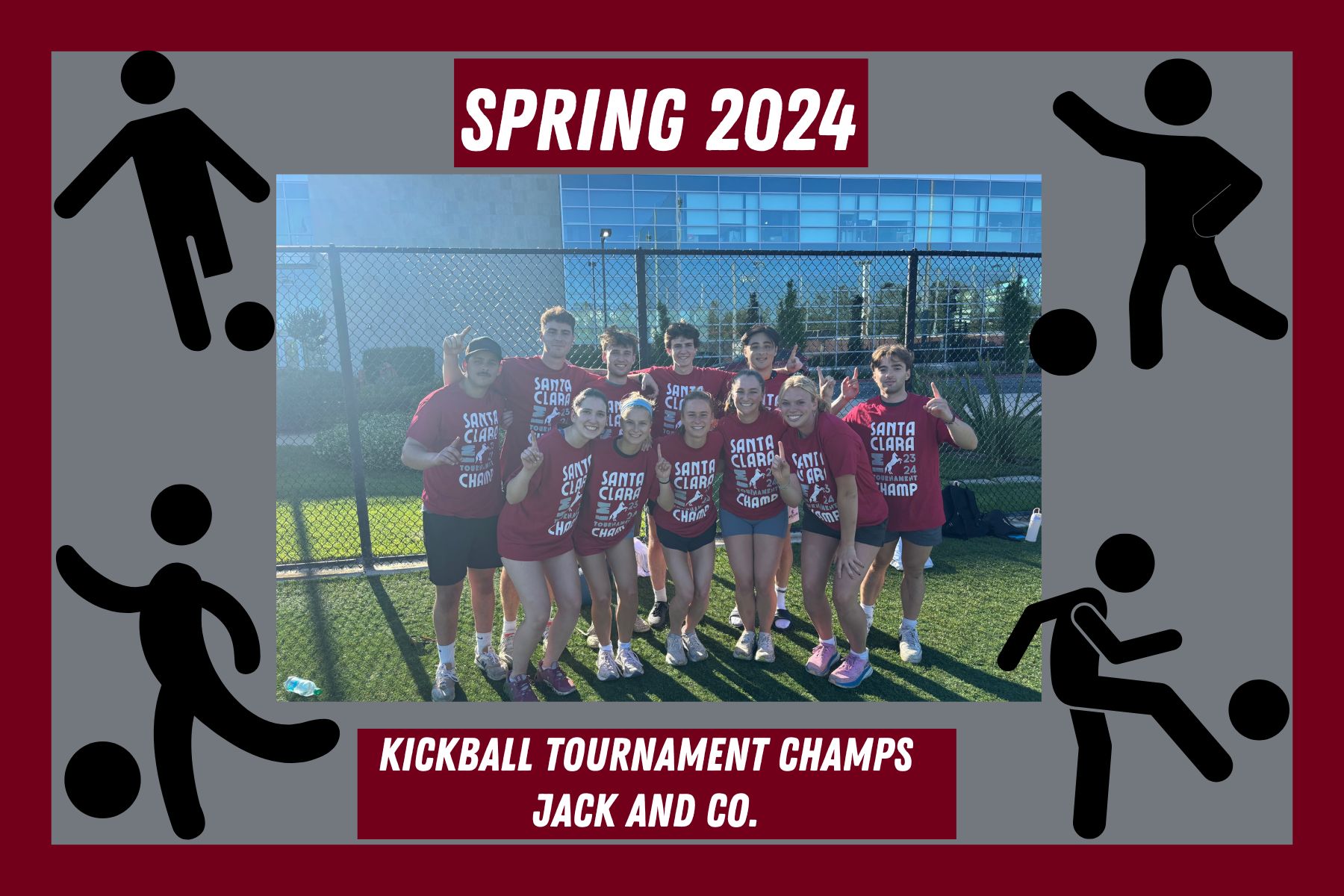 Photo of Jack and Co posing with their IM tournament champion t shirts on Bellomy Field after winning the IM Kickball tournament.