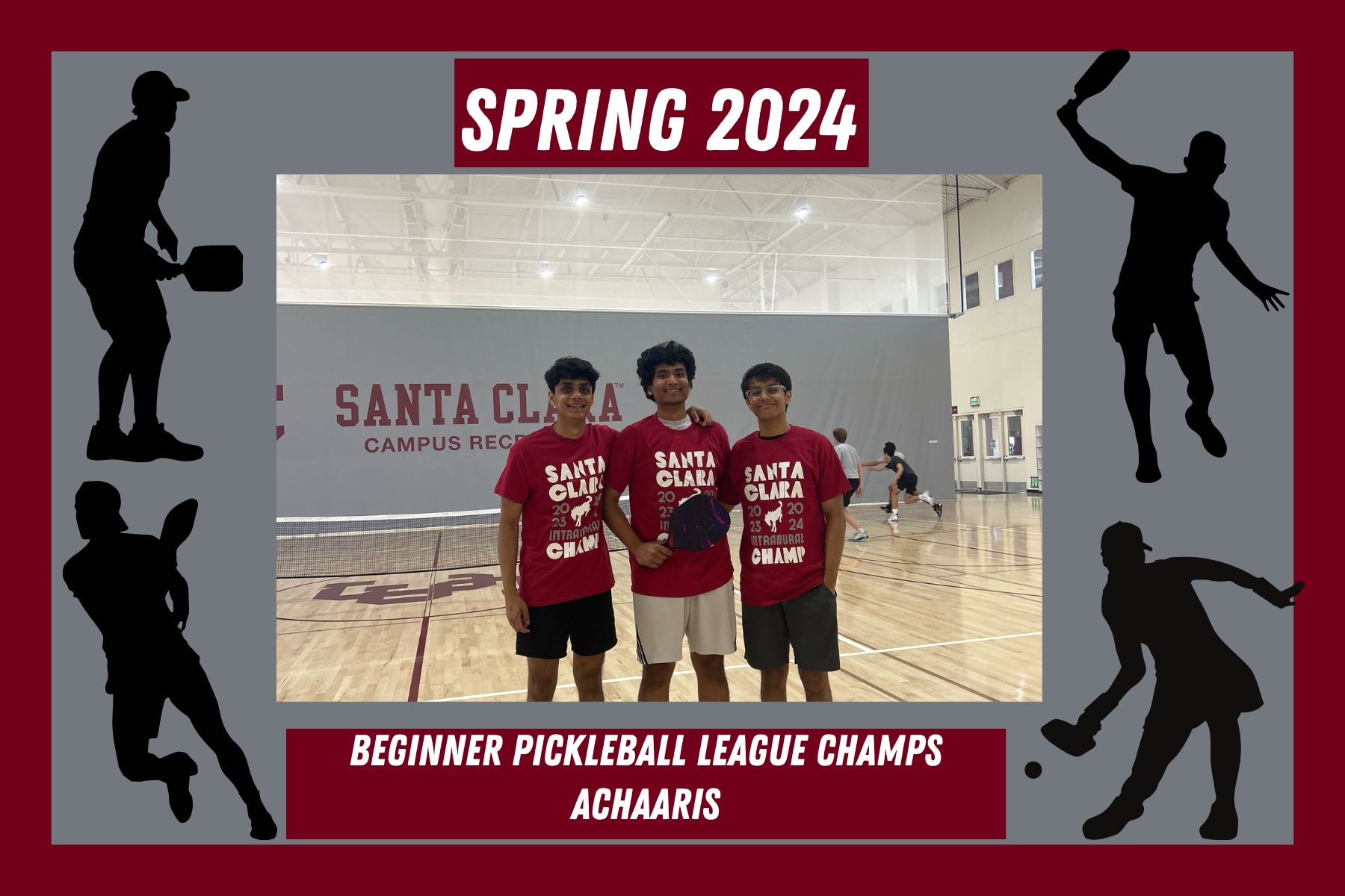 Photo of beginner league pickleball champs, Achaaris, posing in the Malley Center with their league champion t shirts.