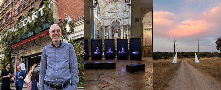 Left, Brian Thorstenson outside the Royal Court Theatre in London; an art installation in a church in Venice; countryside in Portugal