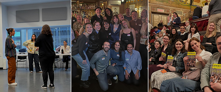 SCU students at an audition workshop, with alumni, and sitting in a theatre in New York