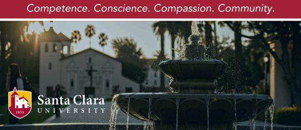 A picture of the fountain at Abby Sobrato Mall in front of the mission church. A banner across the top reads, competence, conscience, compassion, community