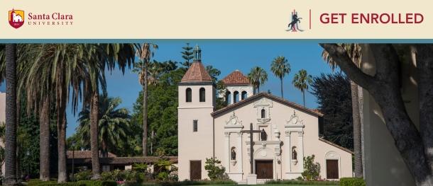 A decorative graphic that features the Mission Church and text that reads, Get Enrolled
