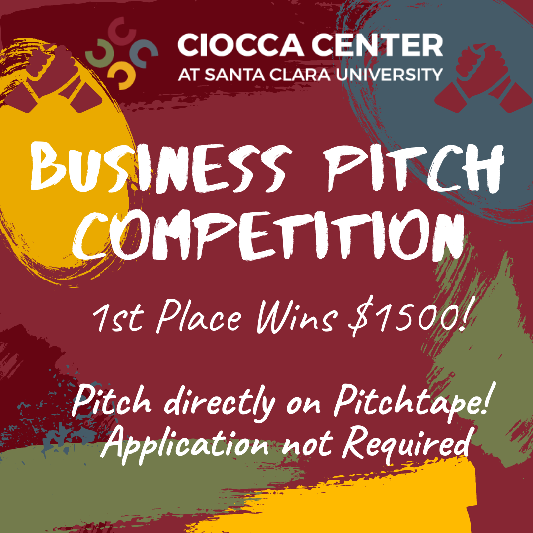 CROCKA CENTER in stylized text at the top with the tagline BE BOLD. MAKE A DIFFERENCE.
Brightly colored splashes of paint in the background.
Text on the image:
BUSINESS PITCH COMPETITION
1st Place Wins $1,500!
Pitch directly on Pitchboard.
Applicat