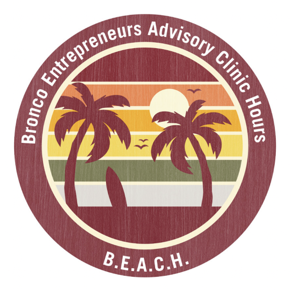 Sunset, palm trees, and waves logo with text: 'Since Everyone Already Comes Here, S.E.A.C.H.'