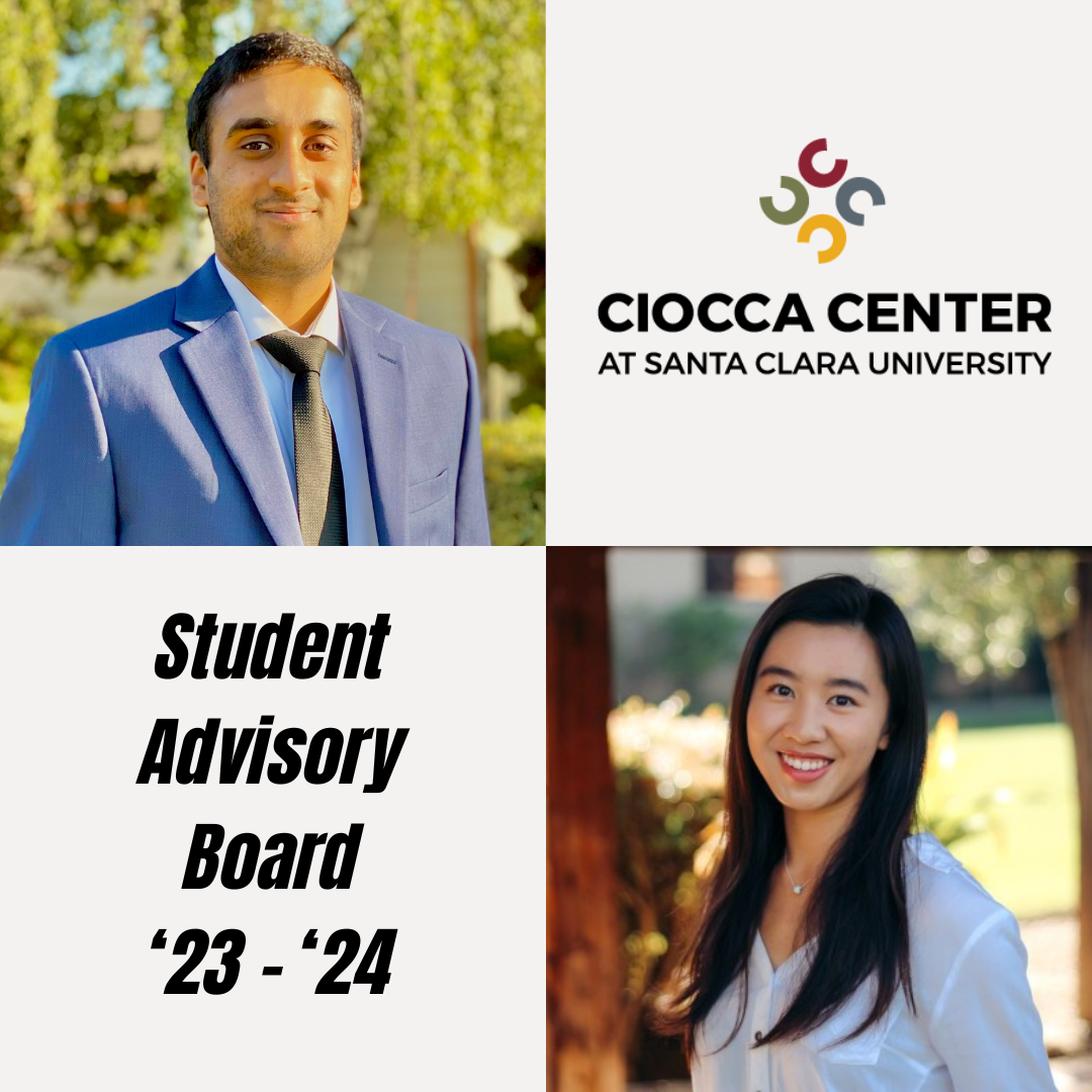 Three SAB Co-chairs 2022-2023 with Enrica Center for Ethics and Law logo.