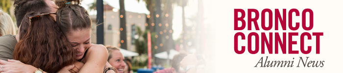 A group of friends hugging in front of the Santa Clara Mission Church. Text on the right reads Bronco Connect, Alumni News
