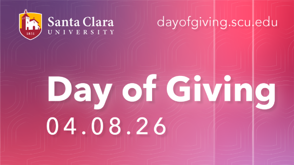 A pink and purple background overlaid with the Santa Clara University logo and white text reading 