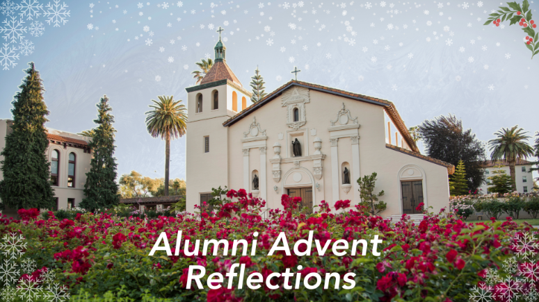Mission Santa Clara de Asís, with red roses in front. White text in the bottom center of the image reads Alumni Advent Reflections. Illustrated snowflakes and a sprig of holly border the image.
