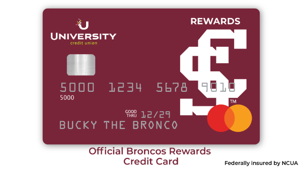 A dark red MasterCard with the University Credit Union and Santa Clara University logos. The card is in Bucky the Broncos name.
