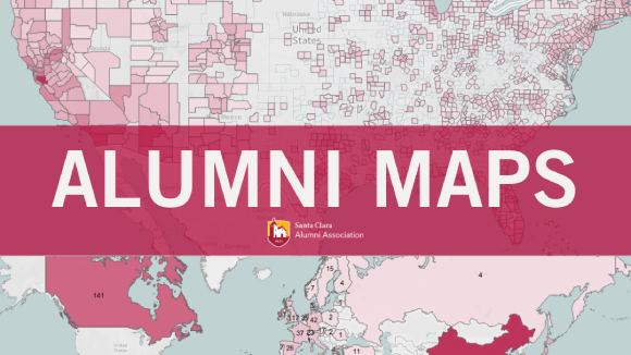 Grey and red-toned maps of US counties and of world countries. Overlaid text reads Alumni Maps. 