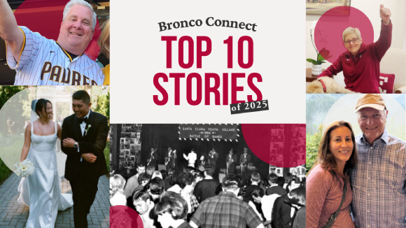 Centered text reads Bronco Connect Top 10 Stories of 2025. The text is surrounded by images from 2025 newsletter stories.