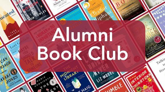A background made up of various book covers. Overlaid text reads Alumni Book Club.