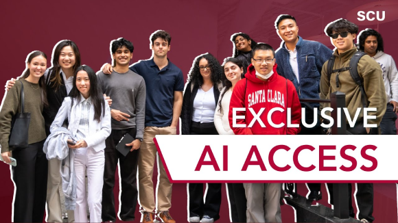 A group of smiling SCU students. Large text to the center right reads Exclusive AI Access and smaller text in the top right corner reads SCU.
